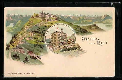 Lithographie Rigi, Hotel auf dem Rigi