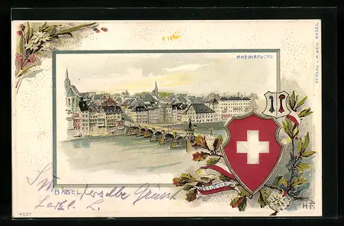 Passepartout-Lithographie Basel, Rheinbrücke, Schweizer Wappen
