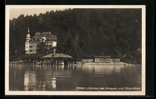 AK Weggis, Hotel Lützelau mit Strandbad