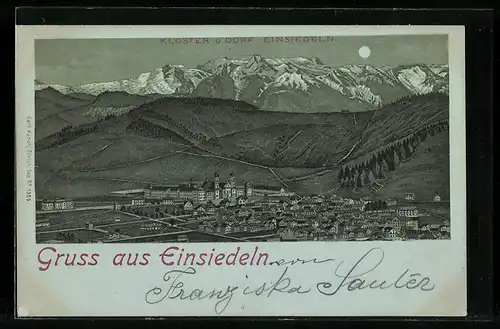 Lithographie Einsiedeln, Ortsansicht mit Kloster aus der Vogelschau