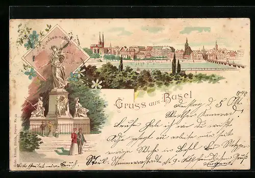 Lithographie Basel, St. Jacobs-Denkmal, Ortsansicht