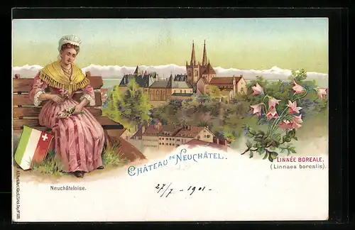 Lithographie Neuchâtel, Le Château, Linnée boreale, Linnaea borealis, Neuchâtelaoise