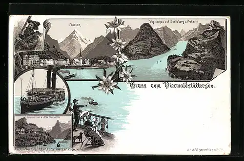 Lithographie Flüelen, Tellskapelle und Hotel Tellplatten, Dampfer, Vierwaldstättersee, Ortsansicht