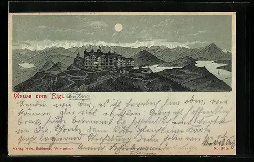 Mondschein-Lithographie Rigi, Ortsansicht mit Bergbahn