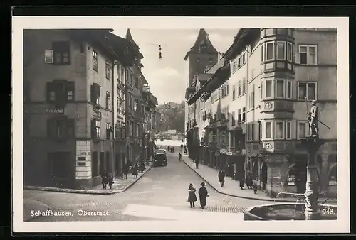 AK Schaffhausen, Brunnen und Geschäfte in der Oberstadt