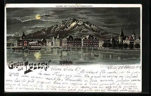 Lithographie Luzern, Uferpartie mit Pilatus