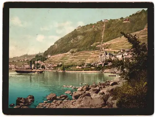 Photochromdruck P. Z. Photochrom Zürich, Ansicht Montreux, Dampfer & Blick zur Standseilbahn Territet Glion