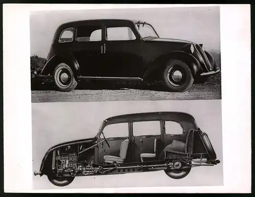 Fotografie Auto Fiat 1100, Der Neue Fiat Familienwagen Fabrikneu & als Schnittdarstellung 1938