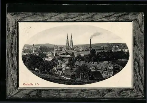 Passepartout-AK Oelsnitz, Ortsansicht mit Kirche und Fabrikschlot