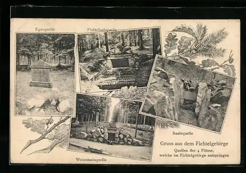 AK Bischofsgrün, Quellen der vier Flüsse i. Fichtelgeb., Egerquelle, Fichtelnabquelle, Weissmainquelle, Saalequelle