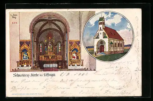 Künstler-AK Löffingen, Schneekreuz-Kirche, Innen- und Aussenansicht