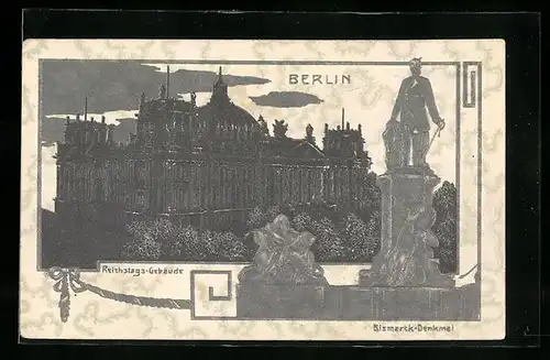 Relief-AK Berlin, Reichstags-Gebäude und Bismarck-Denkmal