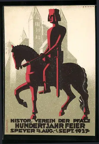 Künstler-AK Speyer, Hundertjahrfeier Histor. Verein der Pfalz 1927, Reiter zu Pferd, Dom