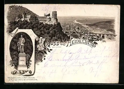 Lithographie Heidelberg, Scheffel-Denkmal, Ortsansicht aus der Vogelschau