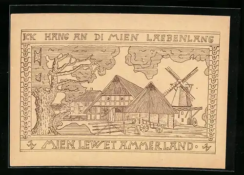 Künstler-AK Bad Zwischenahn, Ammerländisches Bauernhaus, Windmühle