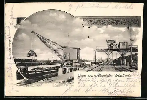 AK Karlsruhe, Rheinhafen mit Kran und Lastkahn
