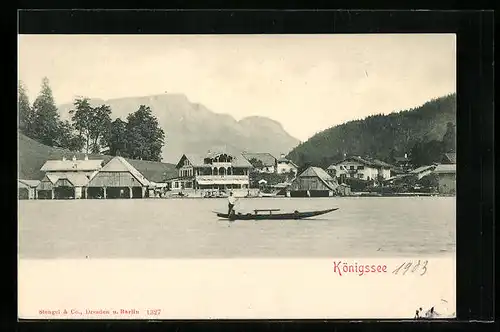 AK Königssee, Uferpartie mit Gondel