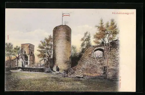 AK Hohennagold, Ortspartie mit Turm