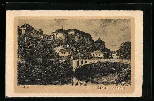Künstler-AK Tübingen, Schloss mit Brücke