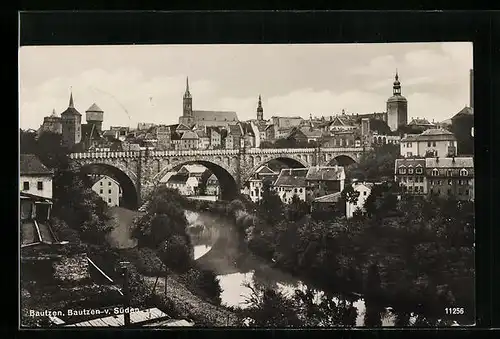 AK Bautzen, Ortsansicht mit Brücke von Süden