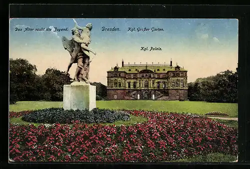 AK Dresden, Kgl. Palais mit Engel-Satue im Grossen Garten