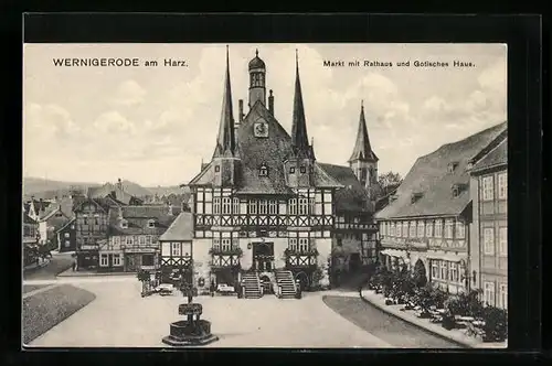 AK Wernigerode am Harz, Markt und gotisches Haus mit Rathaus