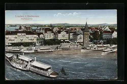 AK Lindau i. Bodensee, Hafenpartie mit Dampfern