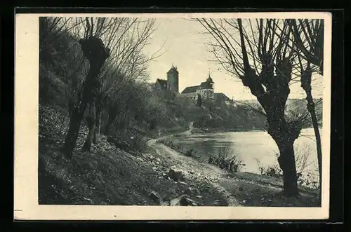 AK Besigheim /Württemberg, Uferpartie mit Kirche