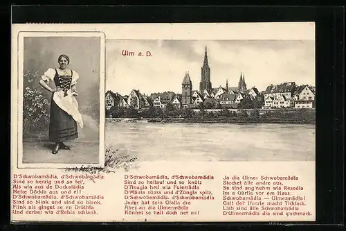 AK Ulm a. D., Uferpartie mit Kirche, Frau in Tracht