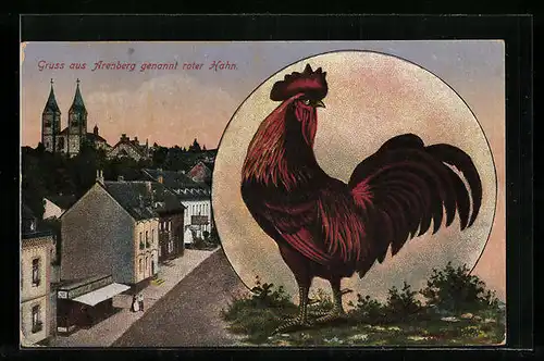 AK Arenberg, genannt roter Hahn, Strassenpartie mit Kirche