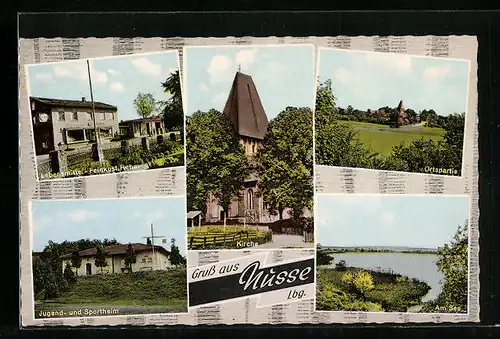 AK Nusse /Lbg., Partien am See, Jugend- und Sportheim, Lebensmittel-Feinkost Rehm und der Kirche