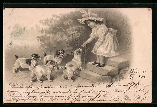 Lithographie Kleines Mädchen gibt Hundewelpen ein Leckerchen