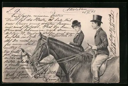AK Elegantes Paar auf dem Rücken zweier Pferde
