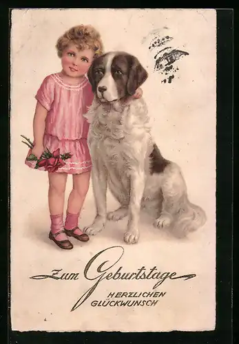 AK Glückwunsch zum Geburtstage, Kleines Mädchen und Bernhardiner