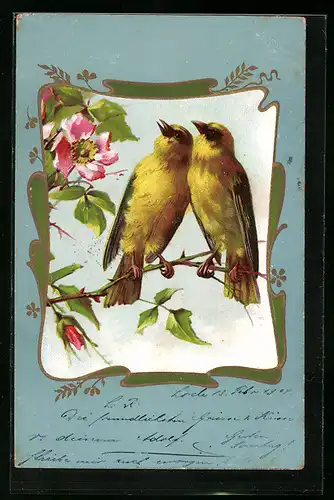 Lithographie Zwei gelbe Vögel auf einem Rosenzweig