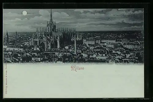 Mondschein-AK Milano, Teilansicht mit Dom aus der Vogelschau