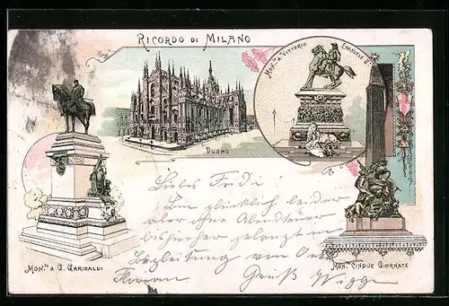 Lithographie Milano, Duomo, Monumento G. Garibaldi