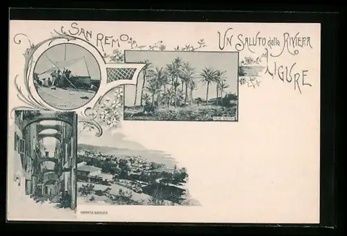 Passepartout-AK San Remo, Palme Scheffel, Gasse mit Brücken, Ortsansicht