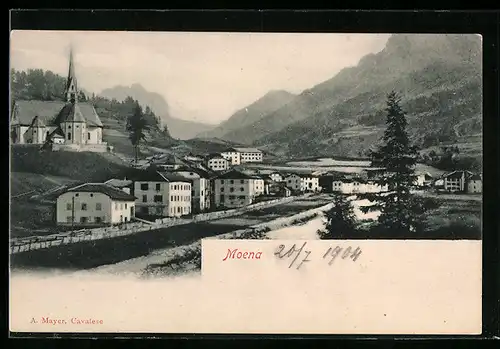 AK Moena, Ortsansicht mit Kirche und Bergpanorama