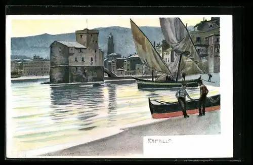 AK Rapallo, Uferpartie mit Segelboot