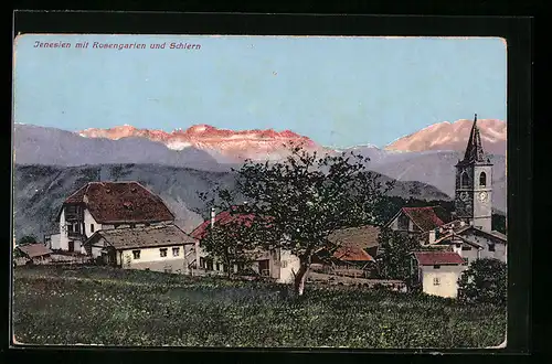 AK Jenesien, Ortsansicht mit Rosengarten und Schlern