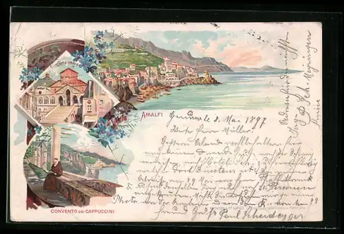 Lithographie Amalfi, Panorama, Cattedrale, Convento dei Cappuccini