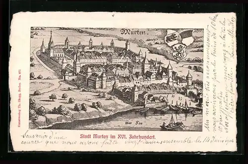 Künstler-AK Murten, Stadt Murten im XVI. Jahrhundert, Wappen