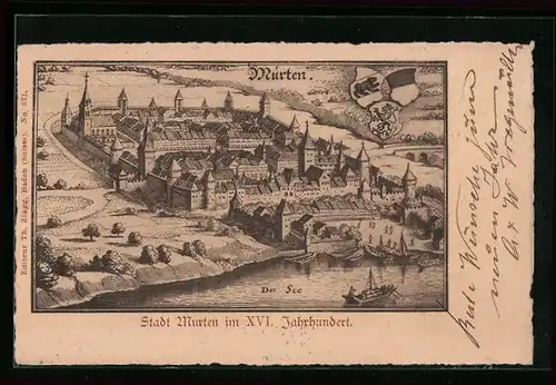 Lithographie Murten, Stadt Murten im XVI. Jahrhundert, Wappen