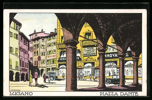 Künstler-AK Lugano, Piazza Dante