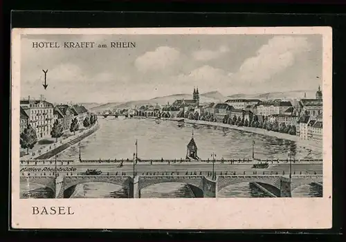 Künstler-AK Basel, Hotel Krafft am Rhein, Ortsansicht