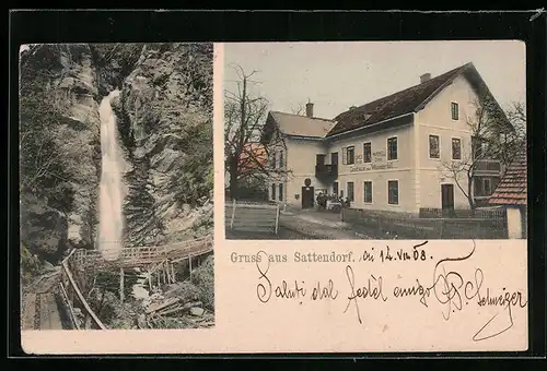 AK Sattendorf, Gasthaus zum Wasserfall, Am Wasserfall