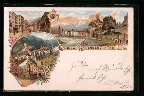 Lithographie Rattenberg, Strasse mit Brunnen, Kloster, Panorama