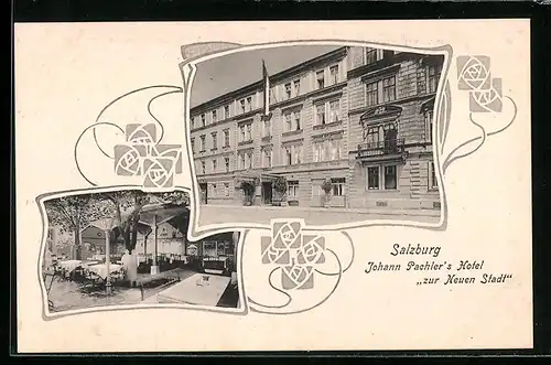 AK Salzburg, Johann Pachlers Hotel zur Neuen Stadt, Jugendstil-Rahmen