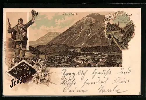 Lithographie Jenbach, Ortsansicht, Kirche Eben mit Zahnradbahn